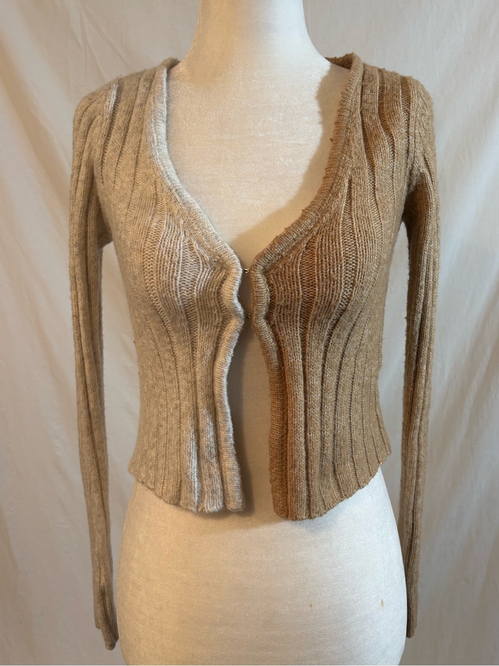 Happily Grey XS Two Tone Ribbed Cropped Cardigan Beige Cream 90s Minimalist